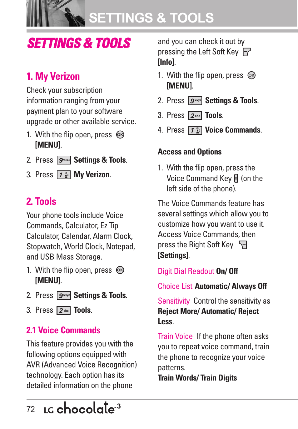 Settings & tools, My verizon, Tools | 1 voice commands, Sse et tt tiin ng gs s & & t to oo olls s | LG Chocolate 3 User Manual | Page 74 / 288