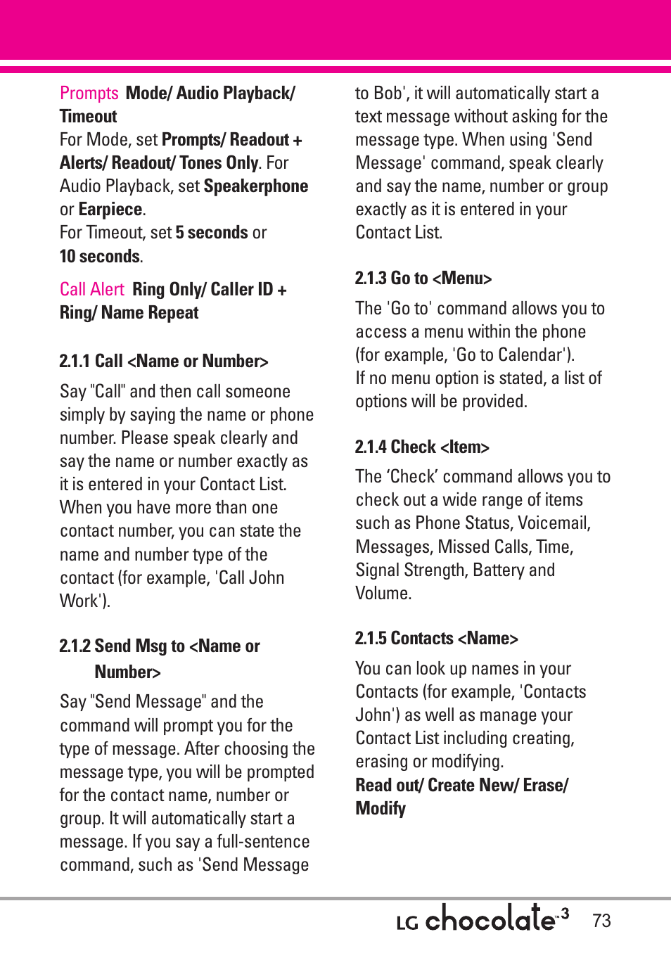 1 call <name or number, 2 send msg to <name or, 3 go to <menu | 4 check <item, 5 contacts <name, 2 send msg to <name or number | LG Chocolate 3 User Manual | Page 75 / 288