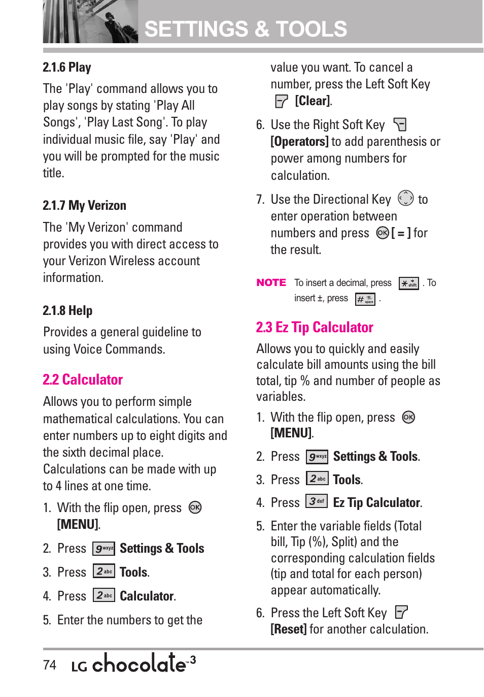 6 play, 7 my verizon, 8 help | 2 calculator, 3 ez tip calculator, Settings & tools | LG Chocolate 3 User Manual | Page 76 / 288