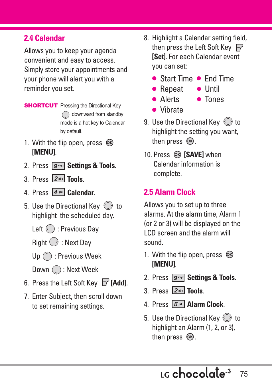 4 calendar, 5 alarm clock, Start time | End time, Repeat, Until, Alerts, Tones, Vibrate | LG Chocolate 3 User Manual | Page 77 / 288