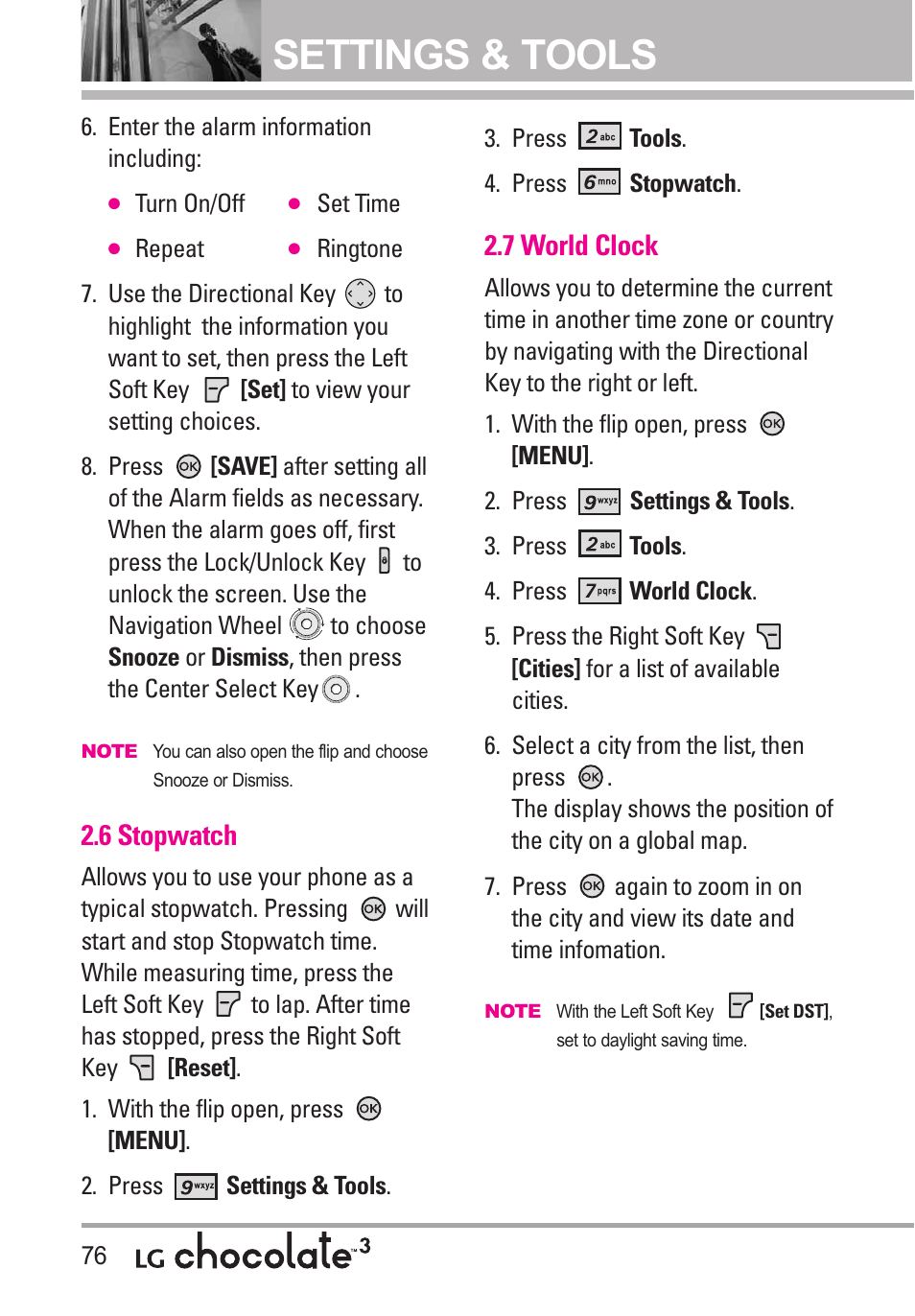 6 stopwatch, 7 world clock, Settings & tools | LG Chocolate 3 User Manual | Page 78 / 288