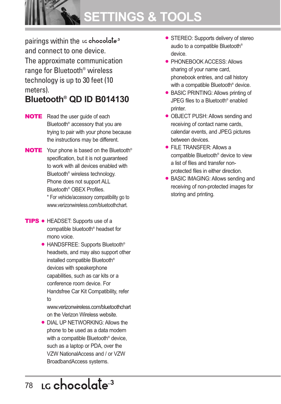 Settings & tools, Bluetooth, Wireless technology is up to 30 feet (10 meters) | LG Chocolate 3 User Manual | Page 80 / 288