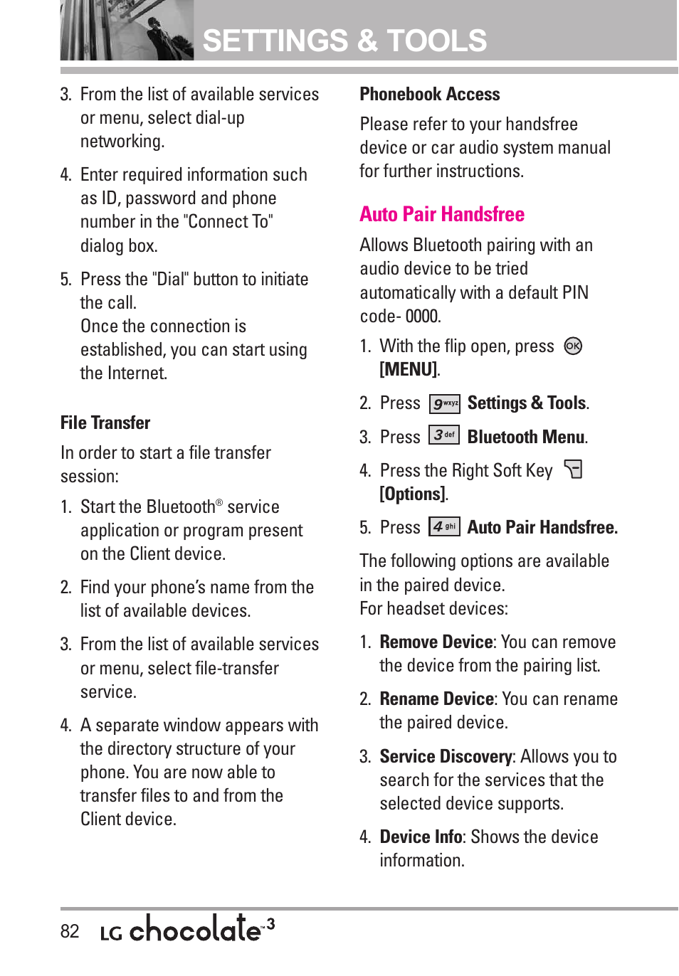 Auto pair handsfree, Settings & tools | LG Chocolate 3 User Manual | Page 84 / 288