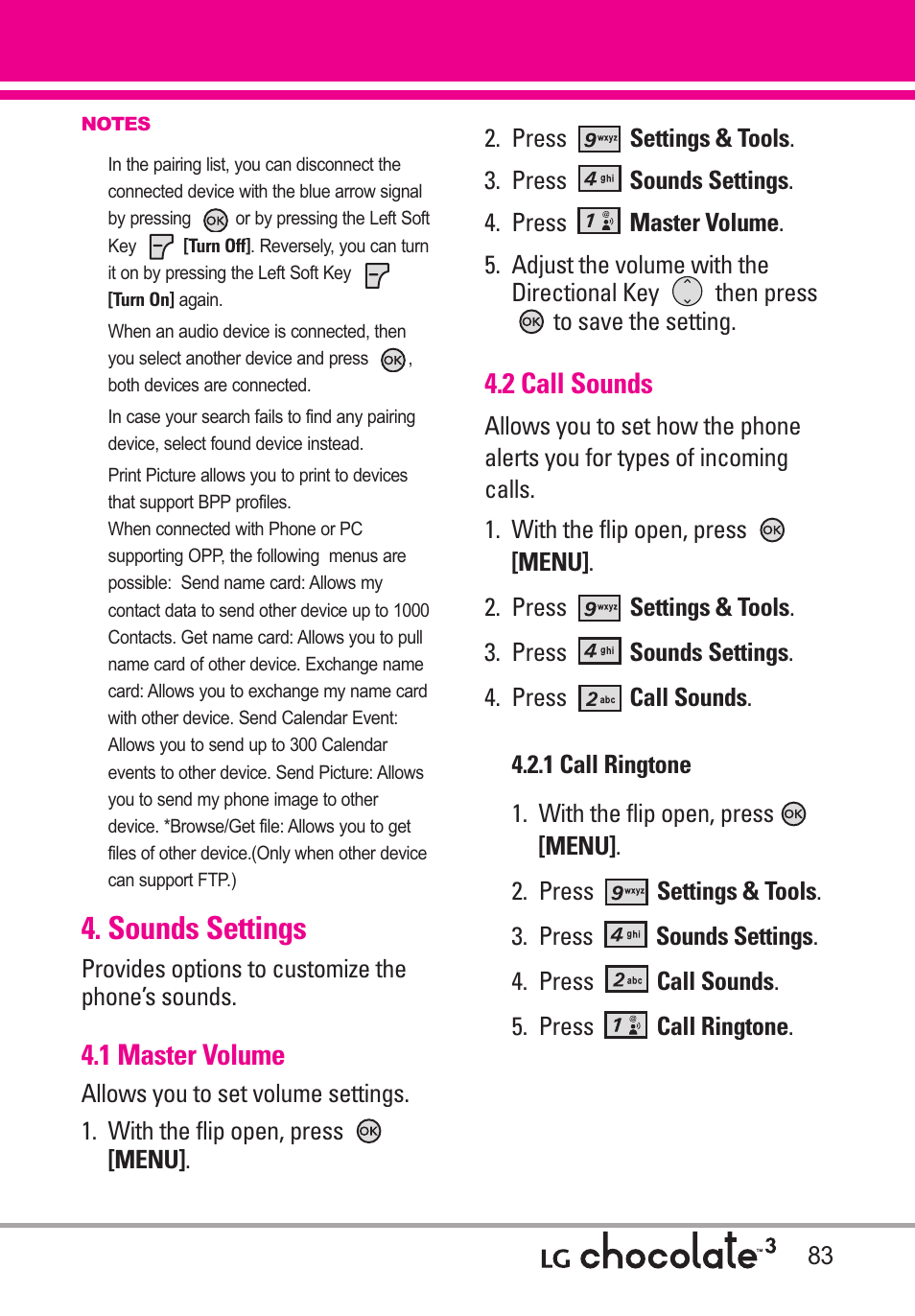 Sounds settings, 1 master volume, 2 call sounds | 1 call ringtone | LG Chocolate 3 User Manual | Page 85 / 288