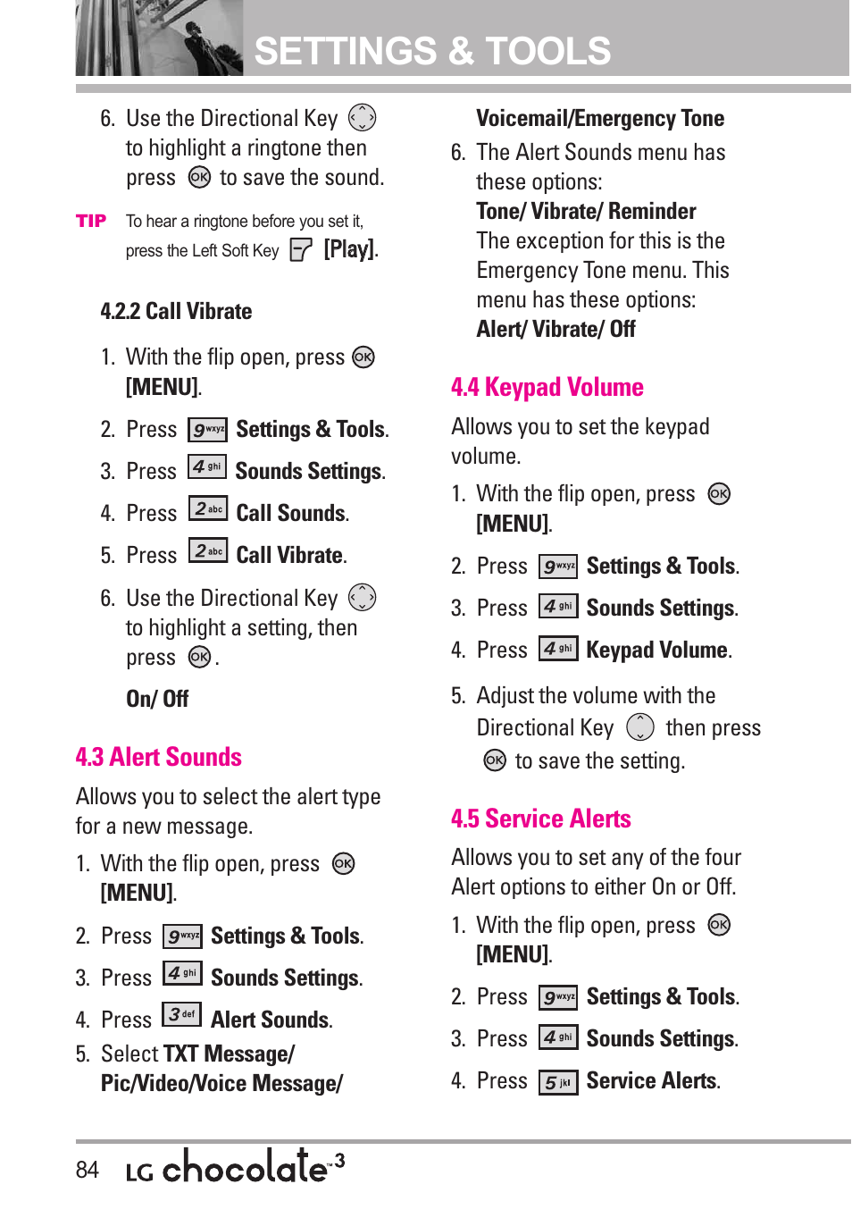 2 call vibrate, 3 alert sounds, 4 keypad volume | 5 service alerts, Settings & tools | LG Chocolate 3 User Manual | Page 86 / 288