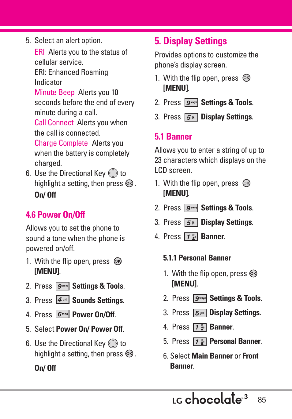 6 power on/off, Display settings, 1 banner | 1 personal banner | LG Chocolate 3 User Manual | Page 87 / 288