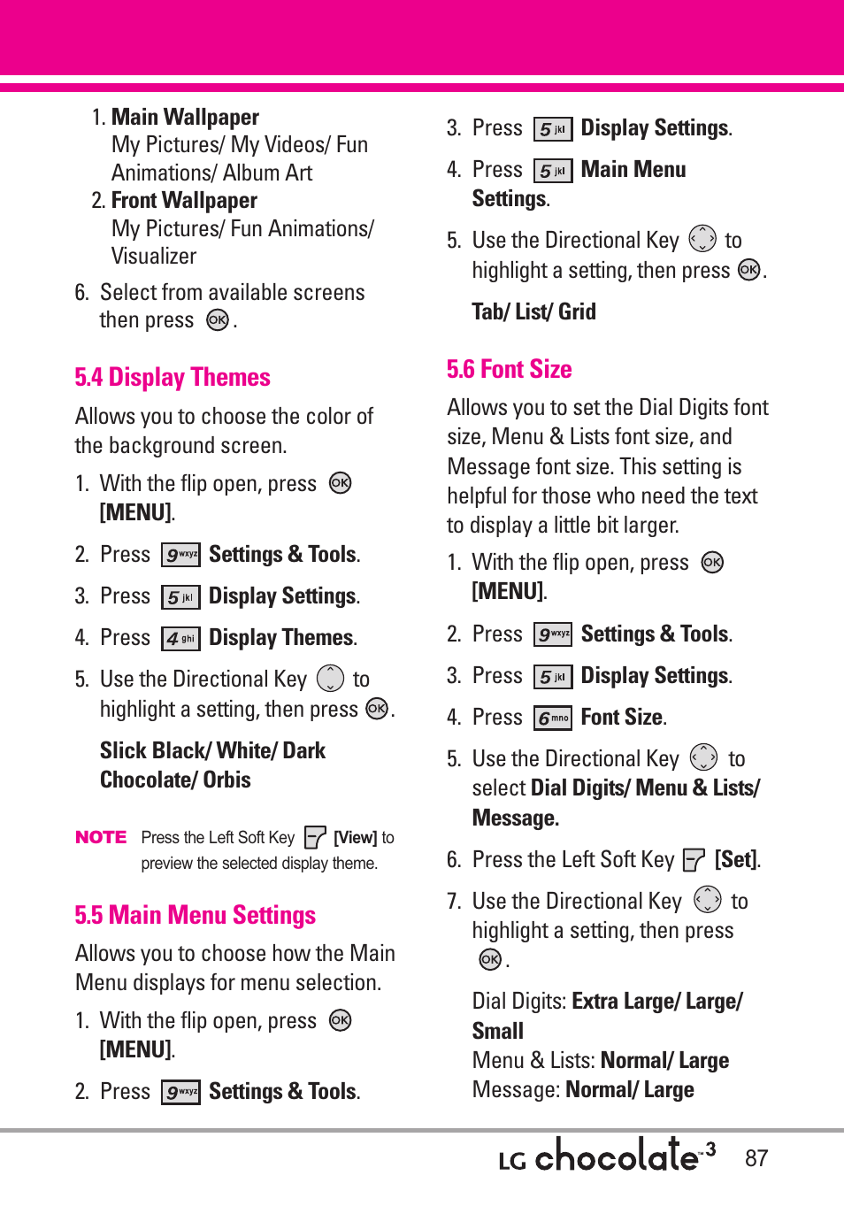 4 display themes, 5 main menu settings, 6 font size | LG Chocolate 3 User Manual | Page 89 / 288