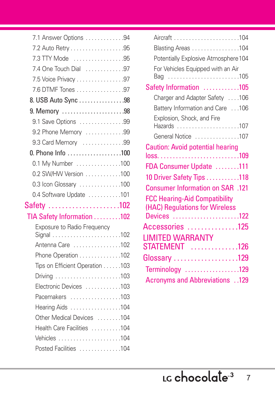 Safety, Accessories limited warranty statement glossary | LG Chocolate 3 User Manual | Page 9 / 288