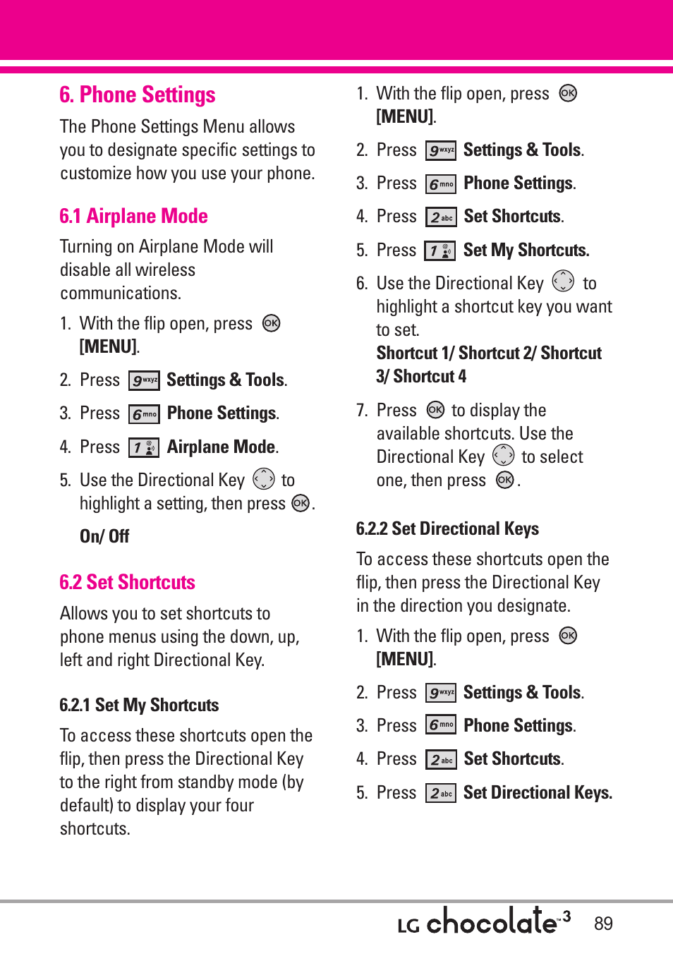 Phone settings, 1 airplane mode, 2 set shortcuts | 1 set my shortcuts, 2 set directional keys | LG Chocolate 3 User Manual | Page 91 / 288