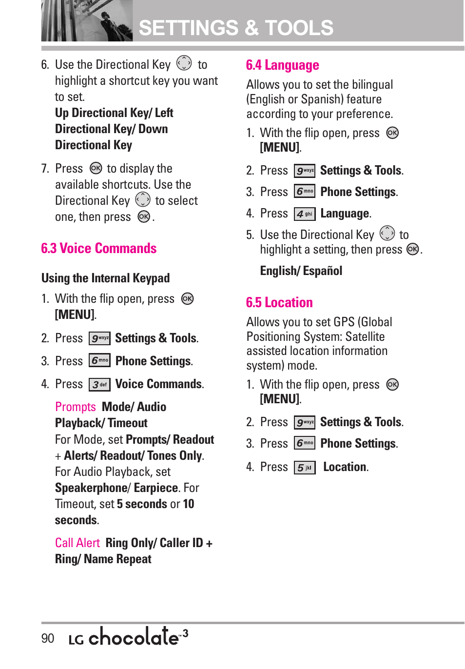 3 voice commands, 4 language, 5 location | Settings & tools | LG Chocolate 3 User Manual | Page 92 / 288