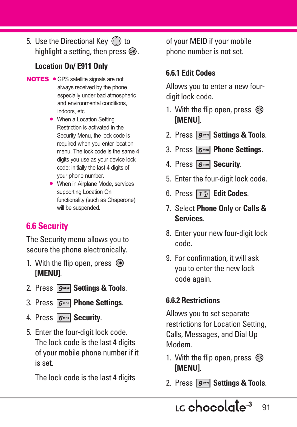 6 security, 1 edit codes, 2 restrictions | LG Chocolate 3 User Manual | Page 93 / 288