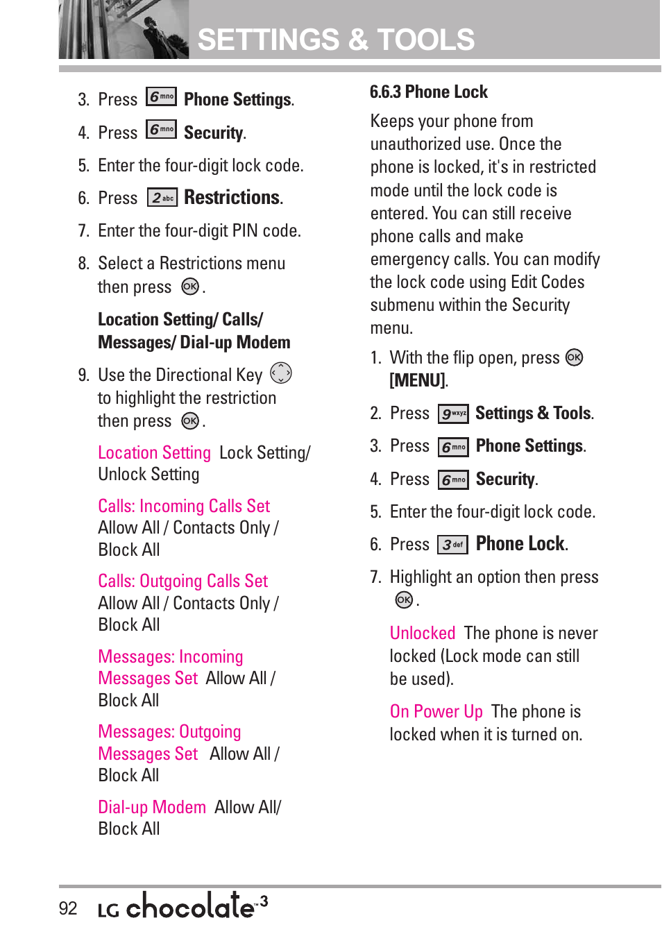 3 phone lock, Settings & tools | LG Chocolate 3 User Manual | Page 94 / 288