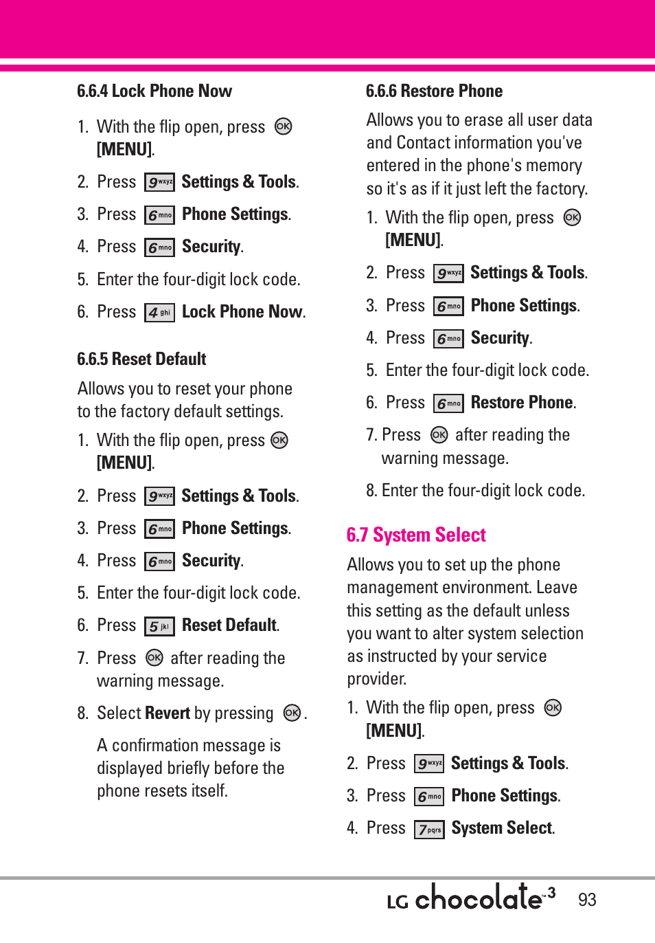 4 lock phone now, 5 reset default, 6 restore phone | 7 system select | LG Chocolate 3 User Manual | Page 95 / 288