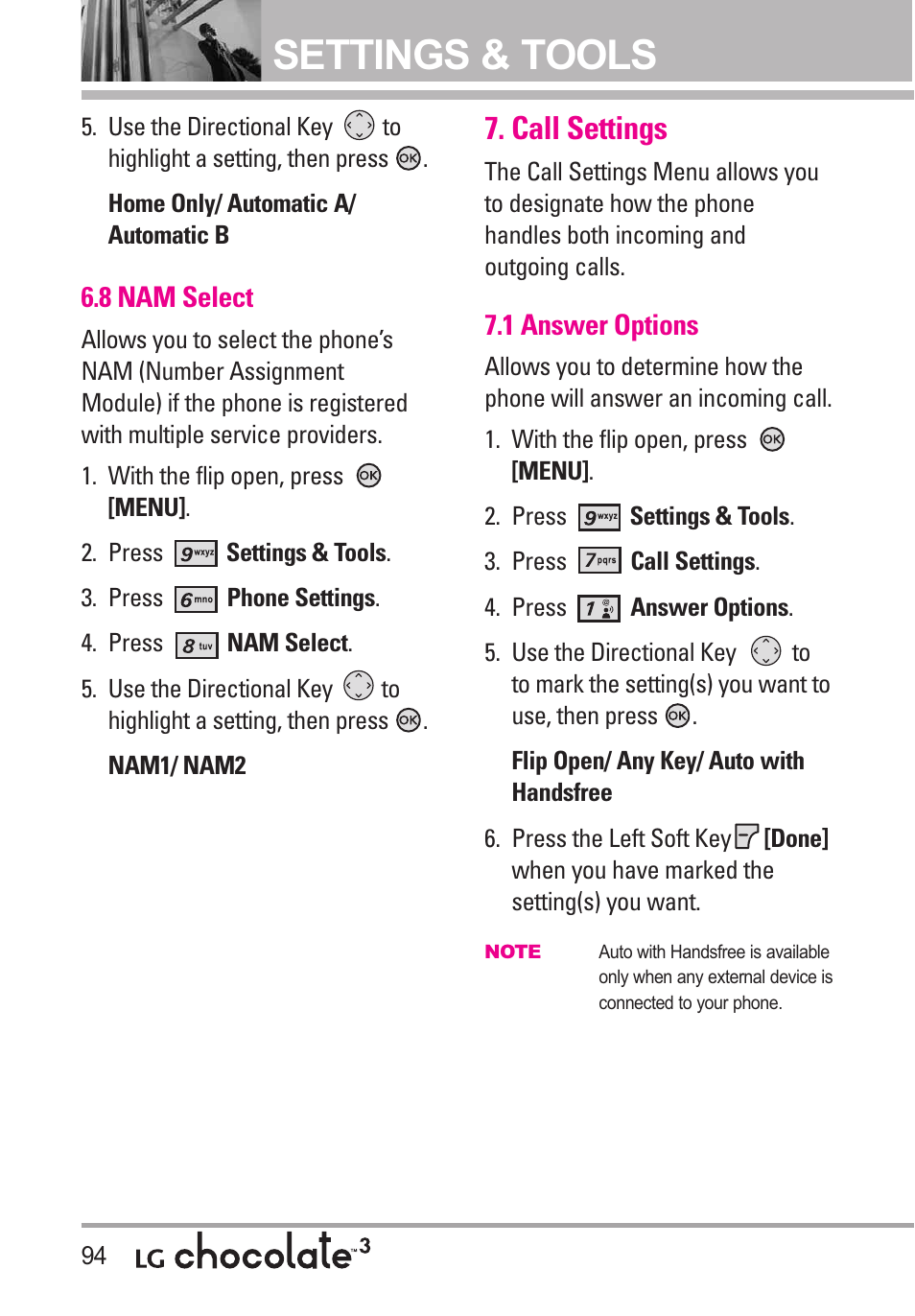 8 nam select, Call settings, 1 answer options | Settings & tools | LG Chocolate 3 User Manual | Page 96 / 288