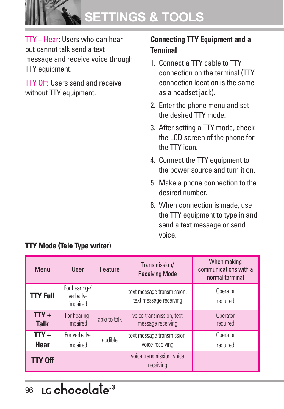 Settings & tools | LG Chocolate 3 User Manual | Page 98 / 288