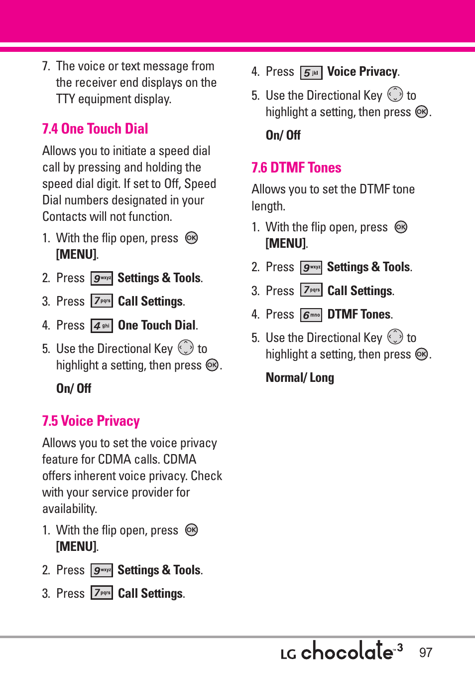 4 one touch dial, 5 voice privacy, 6 dtmf tones | LG Chocolate 3 User Manual | Page 99 / 288