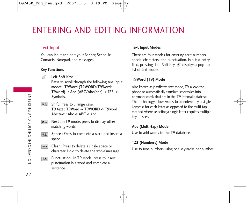 Entering and editing information | LG 245 User Manual | Page 23 / 102