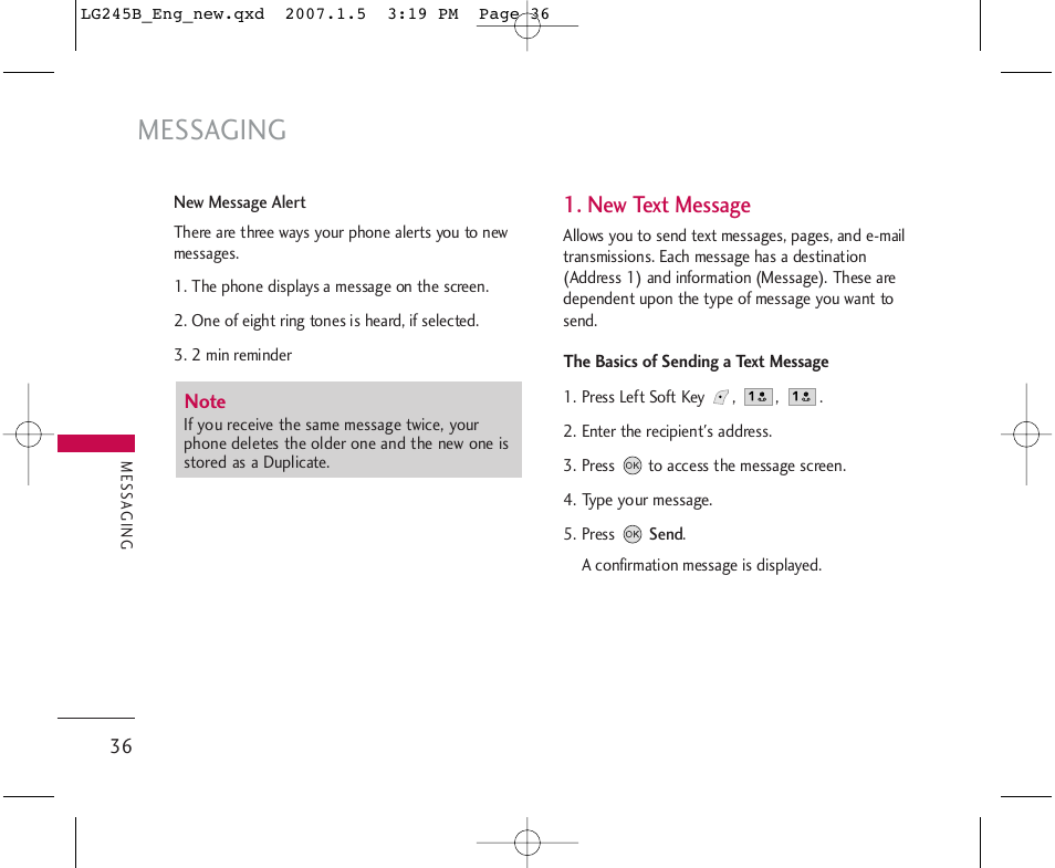 Messaging, New text message | LG 245 User Manual | Page 37 / 102