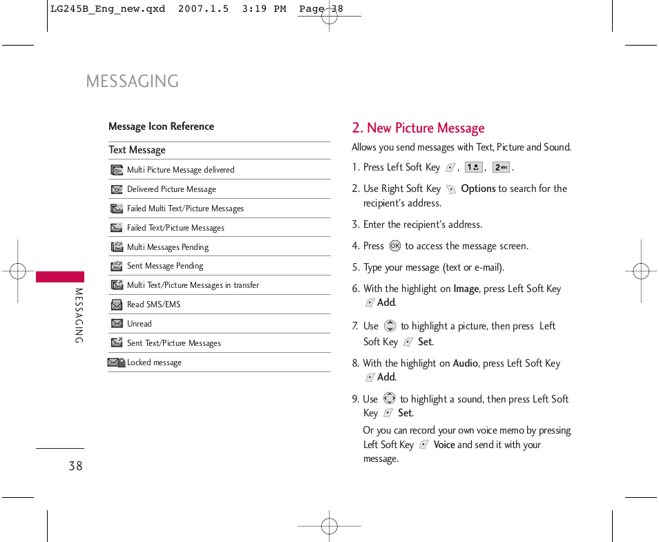 Messaging, New picture message | LG 245 User Manual | Page 39 / 102