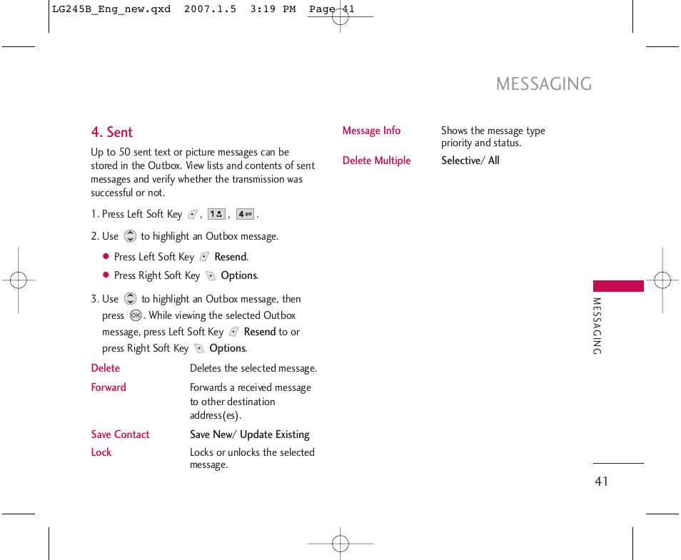 Messaging, Sent | LG 245 User Manual | Page 42 / 102