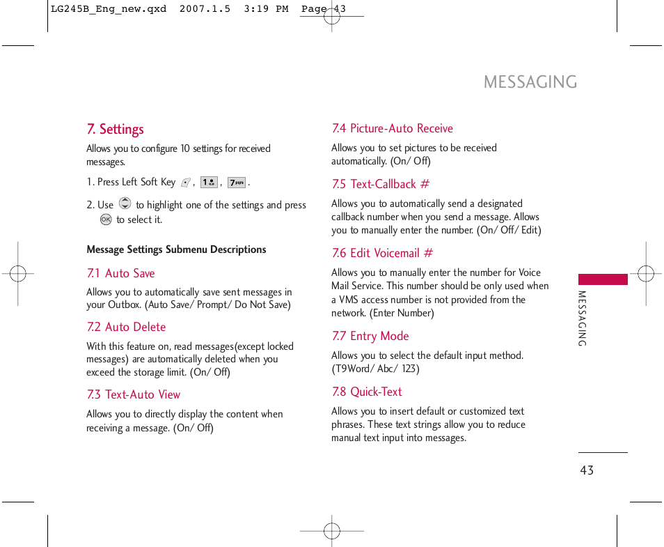 Messaging, Settings | LG 245 User Manual | Page 44 / 102