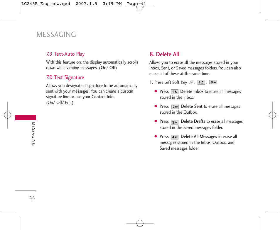 Messaging, Delete all | LG 245 User Manual | Page 45 / 102