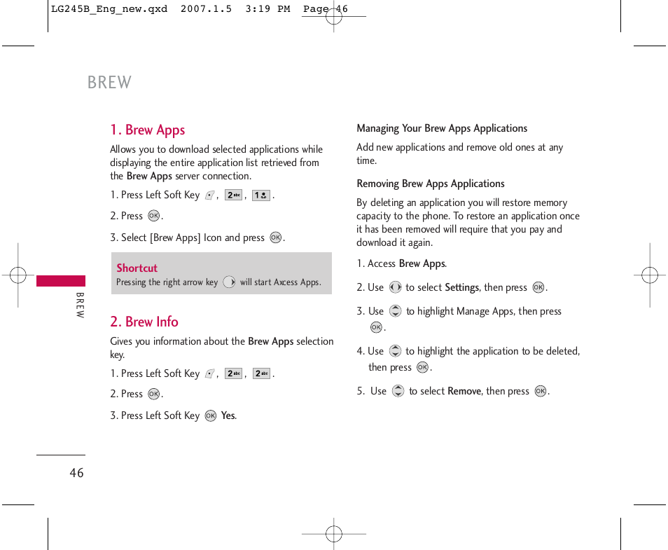 Brew, Brew apps, Brew info | LG 245 User Manual | Page 47 / 102