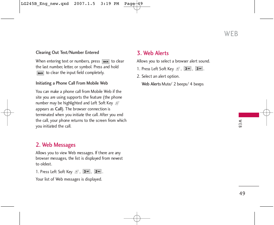 Web messages, Web alerts | LG 245 User Manual | Page 50 / 102