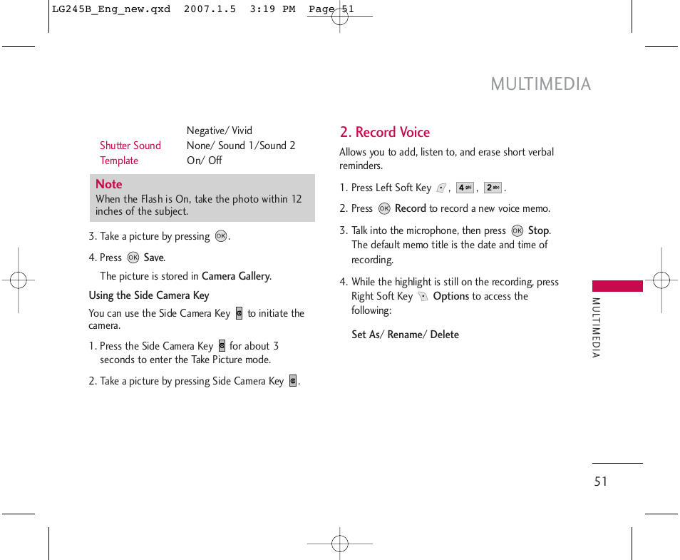 Multimedia, Record voice | LG 245 User Manual | Page 52 / 102