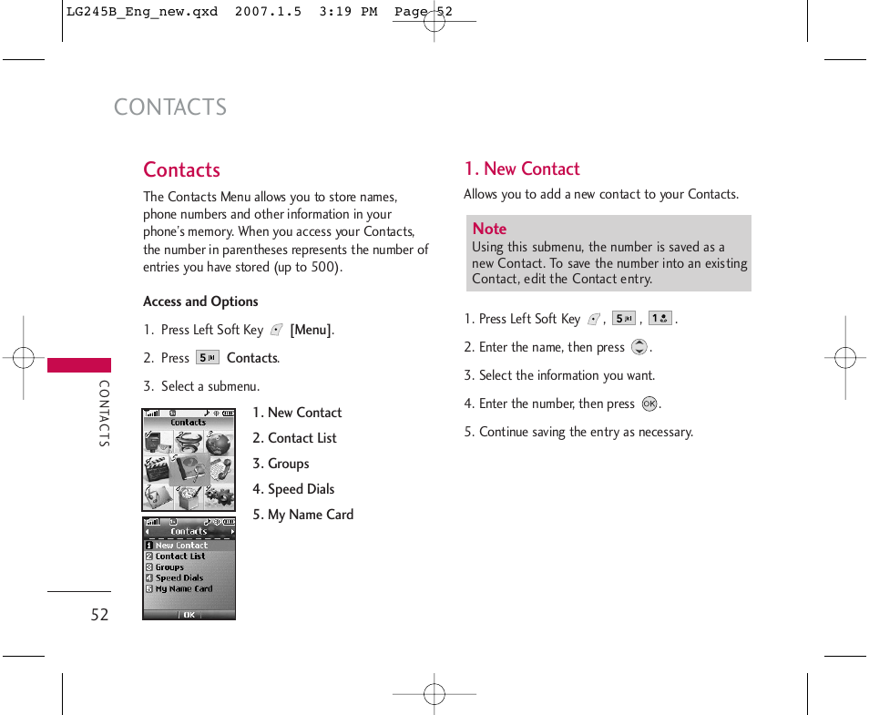 Contacts, New contact | LG 245 User Manual | Page 53 / 102