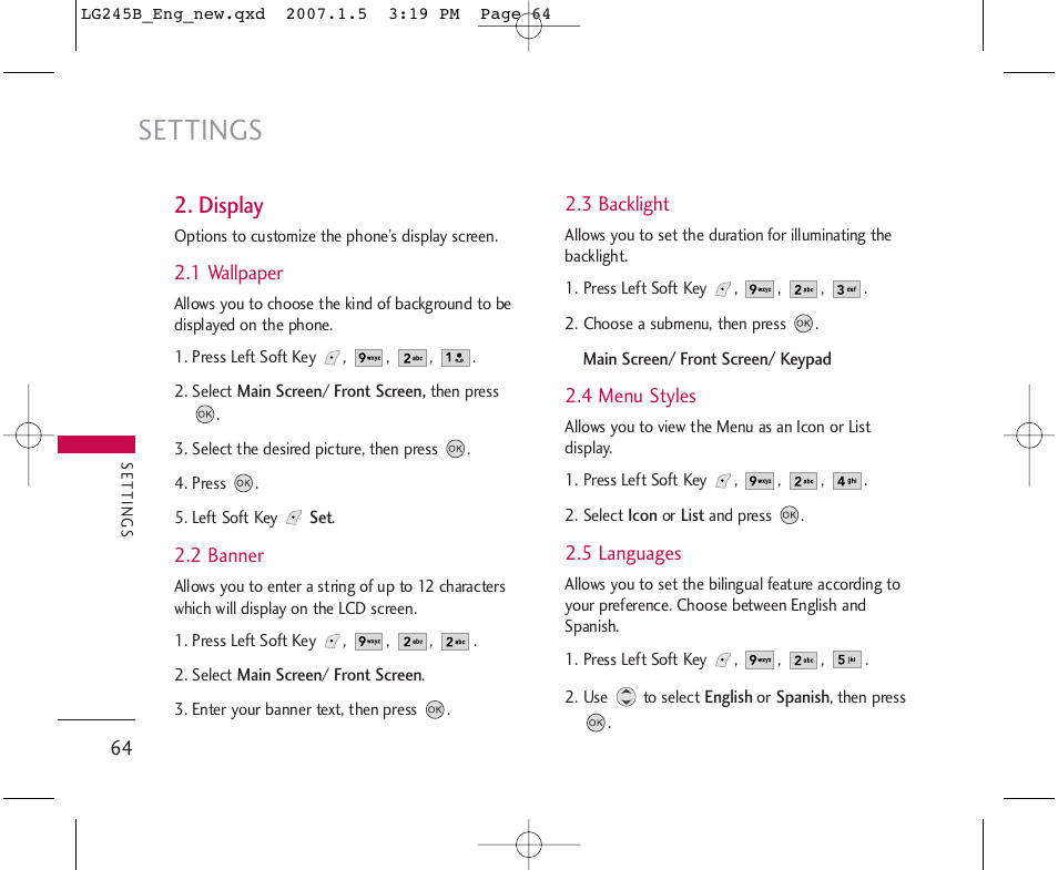 Settings, Display | LG 245 User Manual | Page 65 / 102