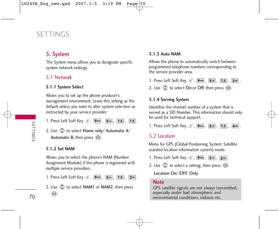 Settings, System | LG 245 User Manual | Page 71 / 102