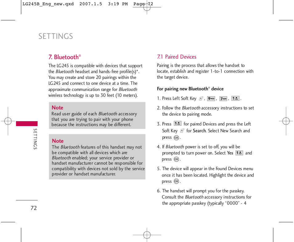 Settings, Bluetooth | LG 245 User Manual | Page 73 / 102