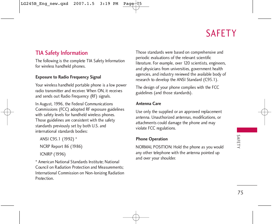 Safety, Tia safety information | LG 245 User Manual | Page 76 / 102