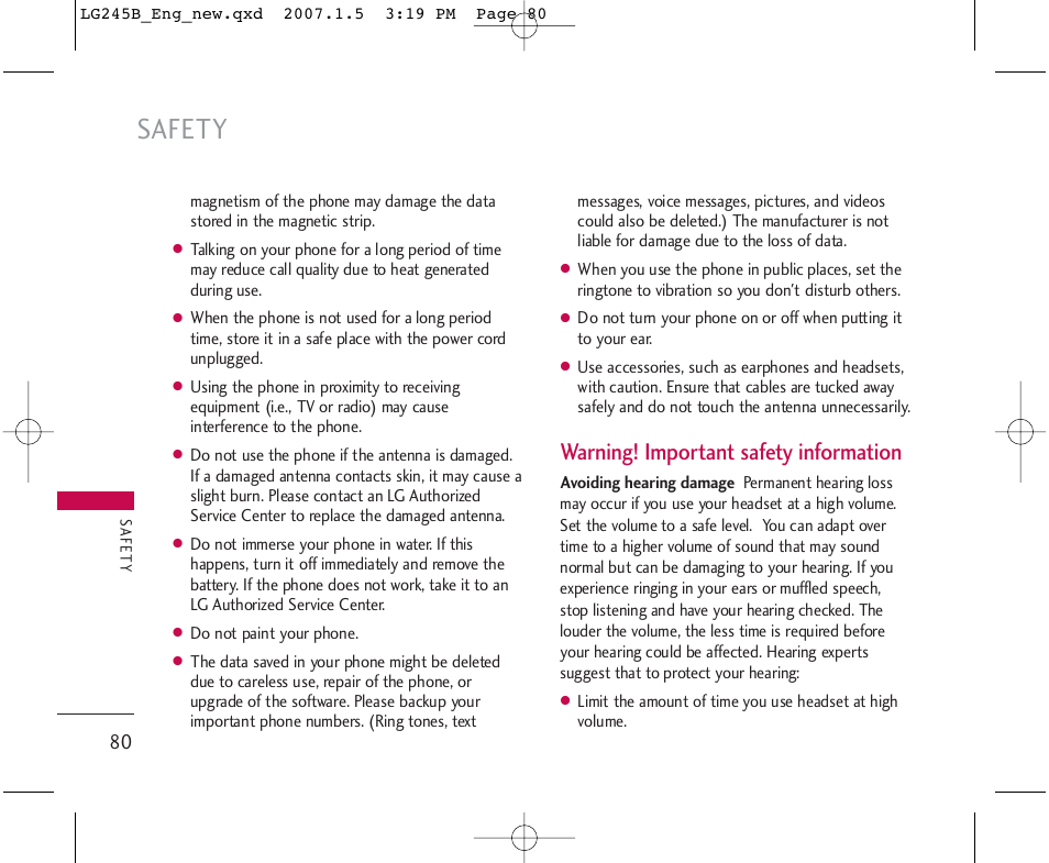 Safety, Warning! important safety information | LG 245 User Manual | Page 81 / 102