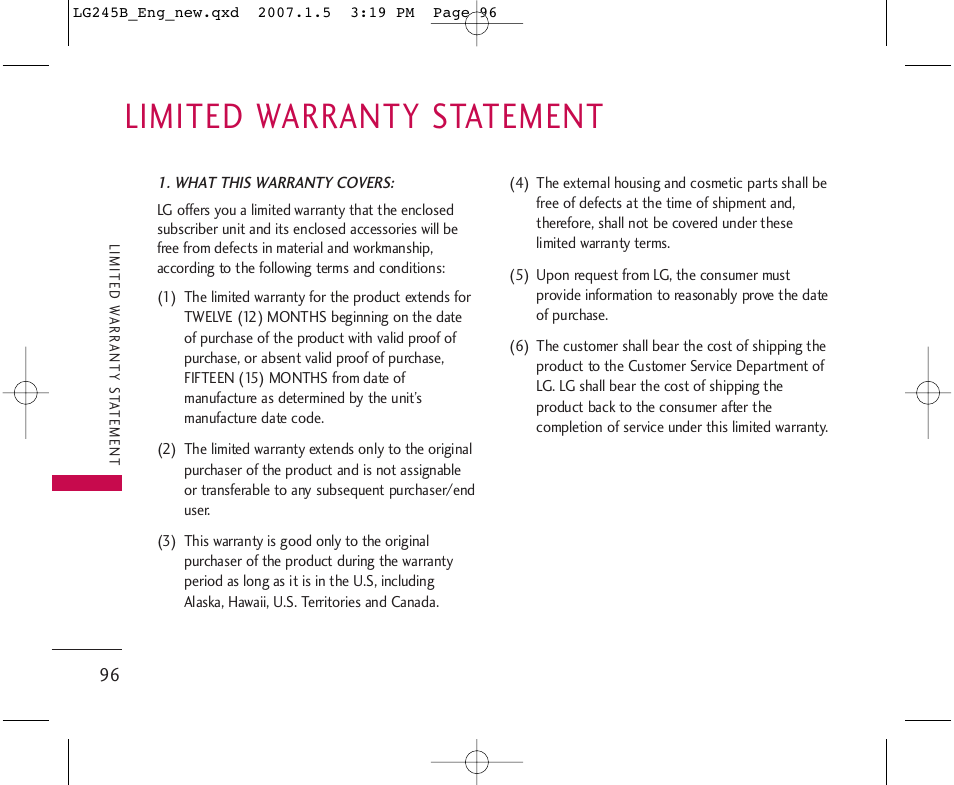 Limited warranty statement | LG 245 User Manual | Page 97 / 102