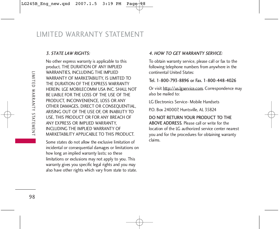 Limited warranty statement | LG 245 User Manual | Page 99 / 102