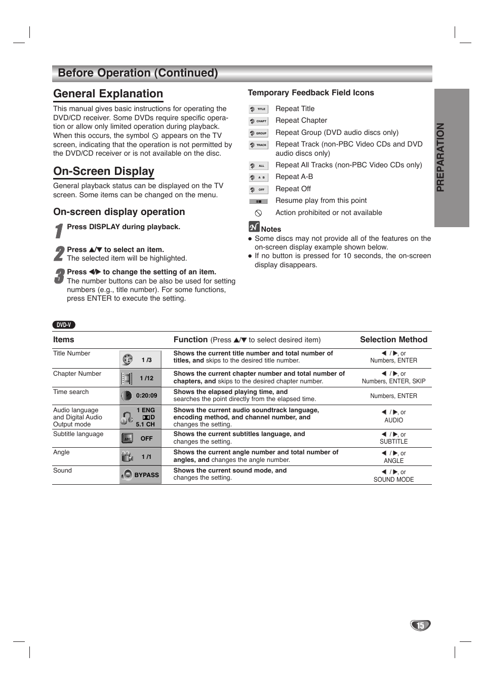 Before operation (continued) general explanation, On-screen display, Prep ara tion | On-screen display operation | LG LH-T1000 User Manual | Page 15 / 36