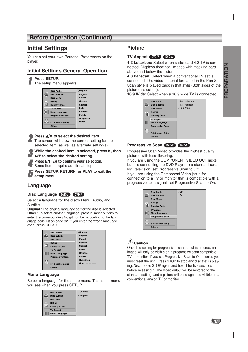 Before operation (continued) initial settings, Prep ara tion, Initial settings general operation | Language, Picture, Disc language, Menu language, Tv aspect, Progressive scan | LG LH-T1000 User Manual | Page 17 / 36