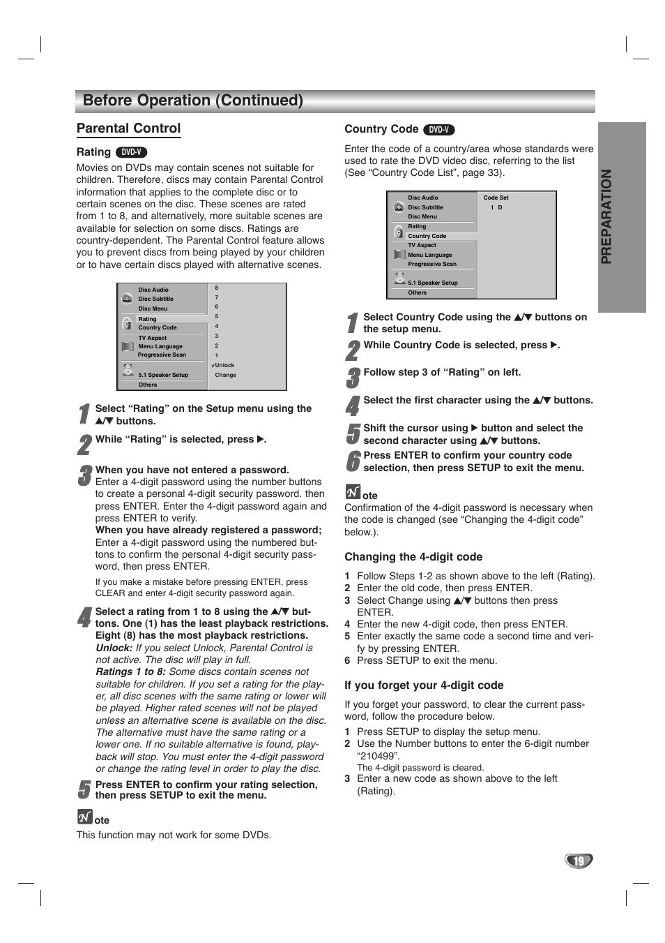 Before operation (continued), Prep ara tion, Parental control | LG LH-T1000 User Manual | Page 19 / 36