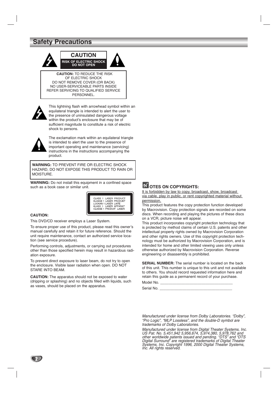 Safety precautions, Caution | LG LH-T1000 User Manual | Page 2 / 36