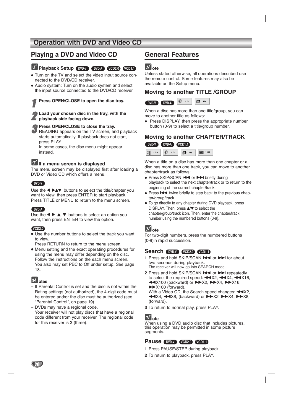 General features, Moving to another title /group, Moving to another chapter/track | Search, Pause | LG LH-T1000 User Manual | Page 20 / 36