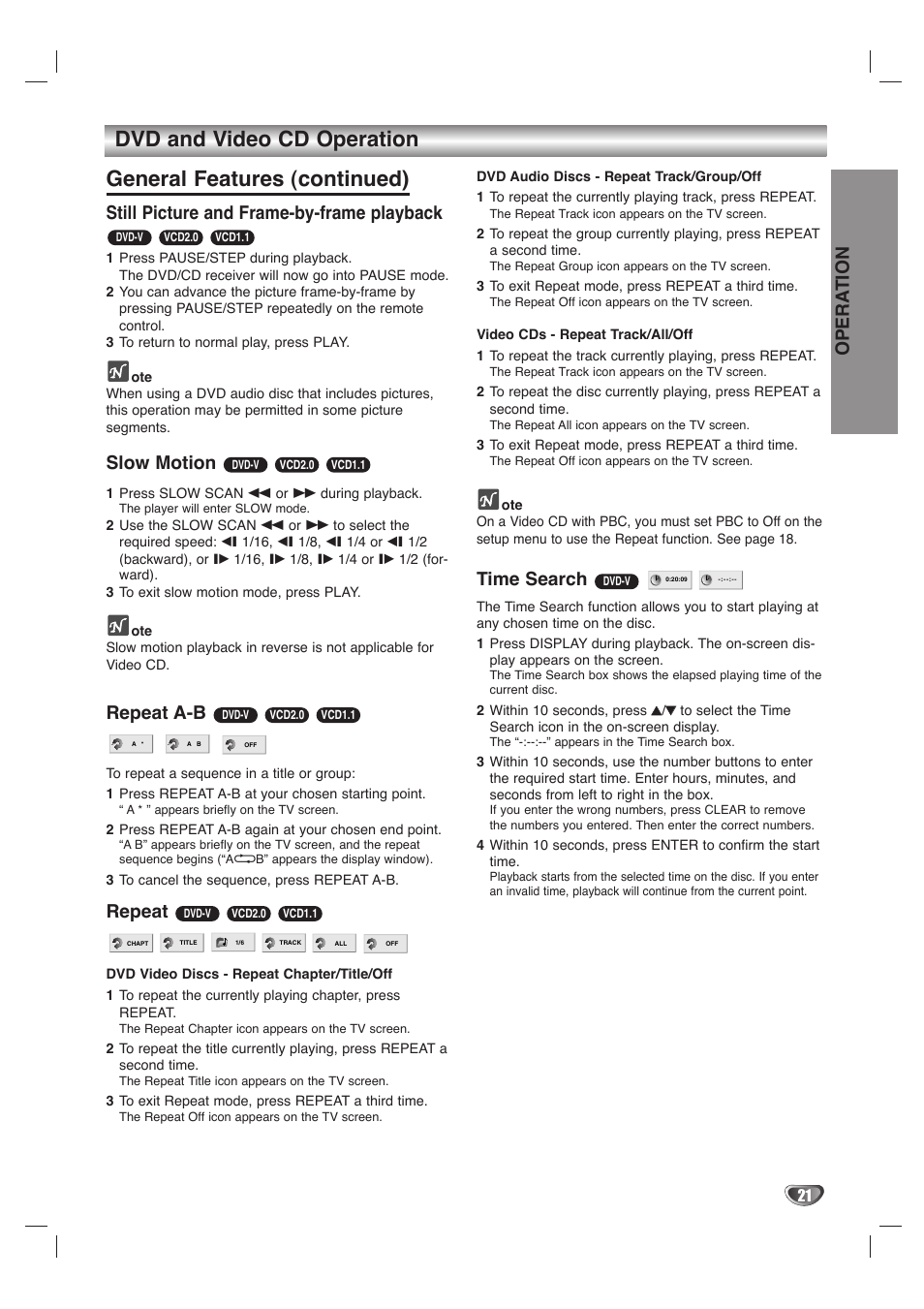 Opera tion, Still picture and frame-by-frame playback, Slow motion | Repeat a-b, Repeat, Time search | LG LH-T1000 User Manual | Page 21 / 36