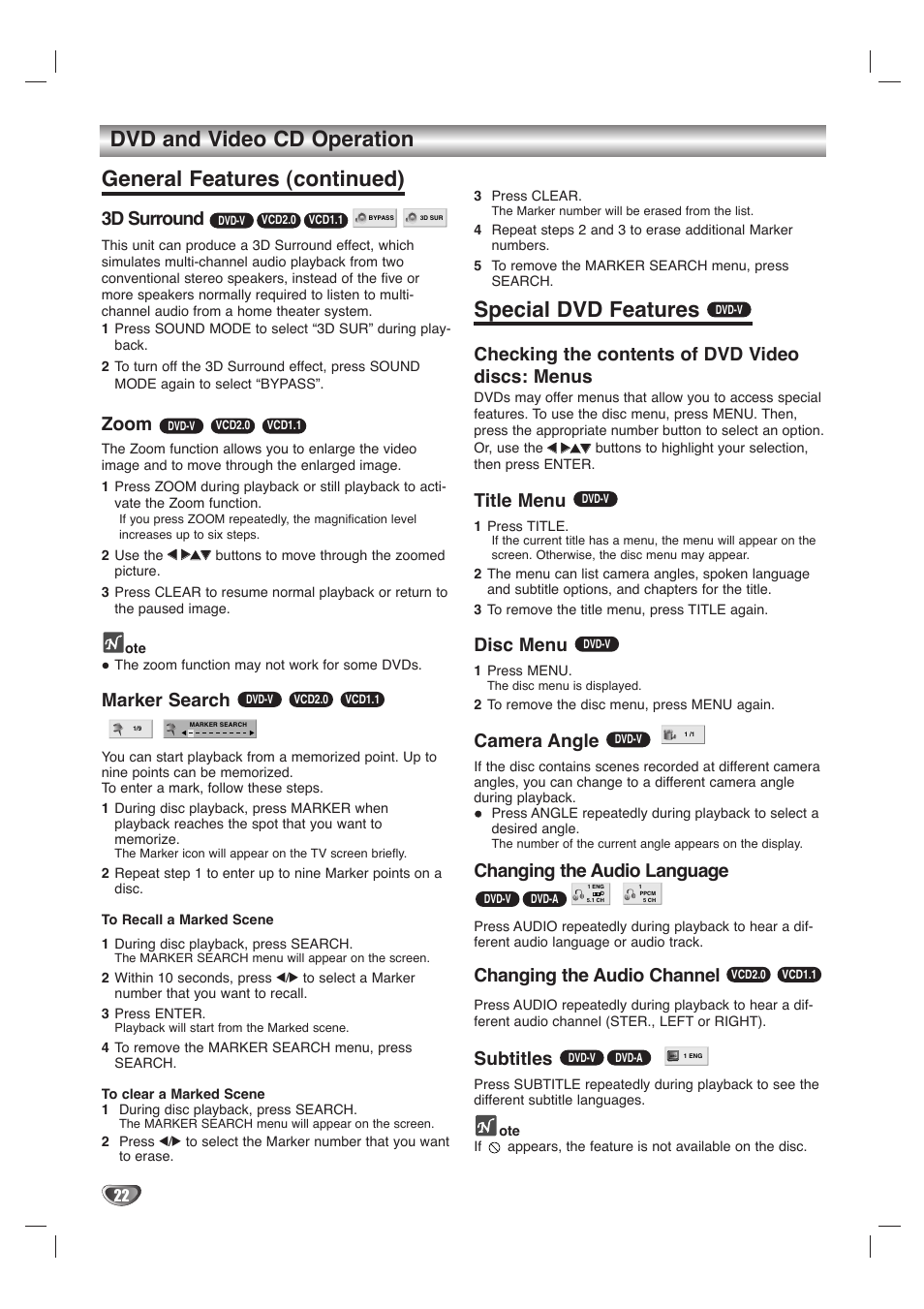 Special dvd features, 3d surround, Zoom | Marker search, Checking the contents of dvd video discs: menus, Title menu, Disc menu, Camera angle, Changing the audio language, Changing the audio channel | LG LH-T1000 User Manual | Page 22 / 36