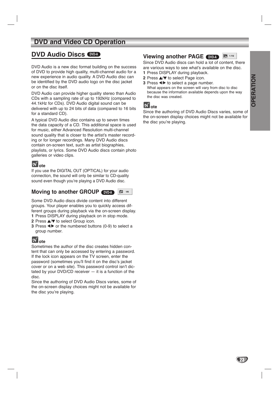 Dvd and video cd operation dvd audio discs, Opera tion, Moving to another group | Viewing another page | LG LH-T1000 User Manual | Page 23 / 36