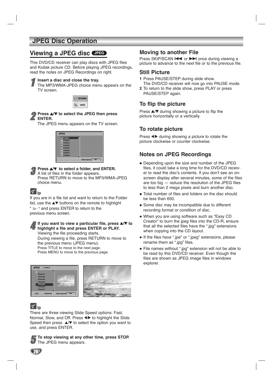 Jpeg disc operation viewing a jpeg disc, Moving to another file, Still picture | LG LH-T1000 User Manual | Page 26 / 36