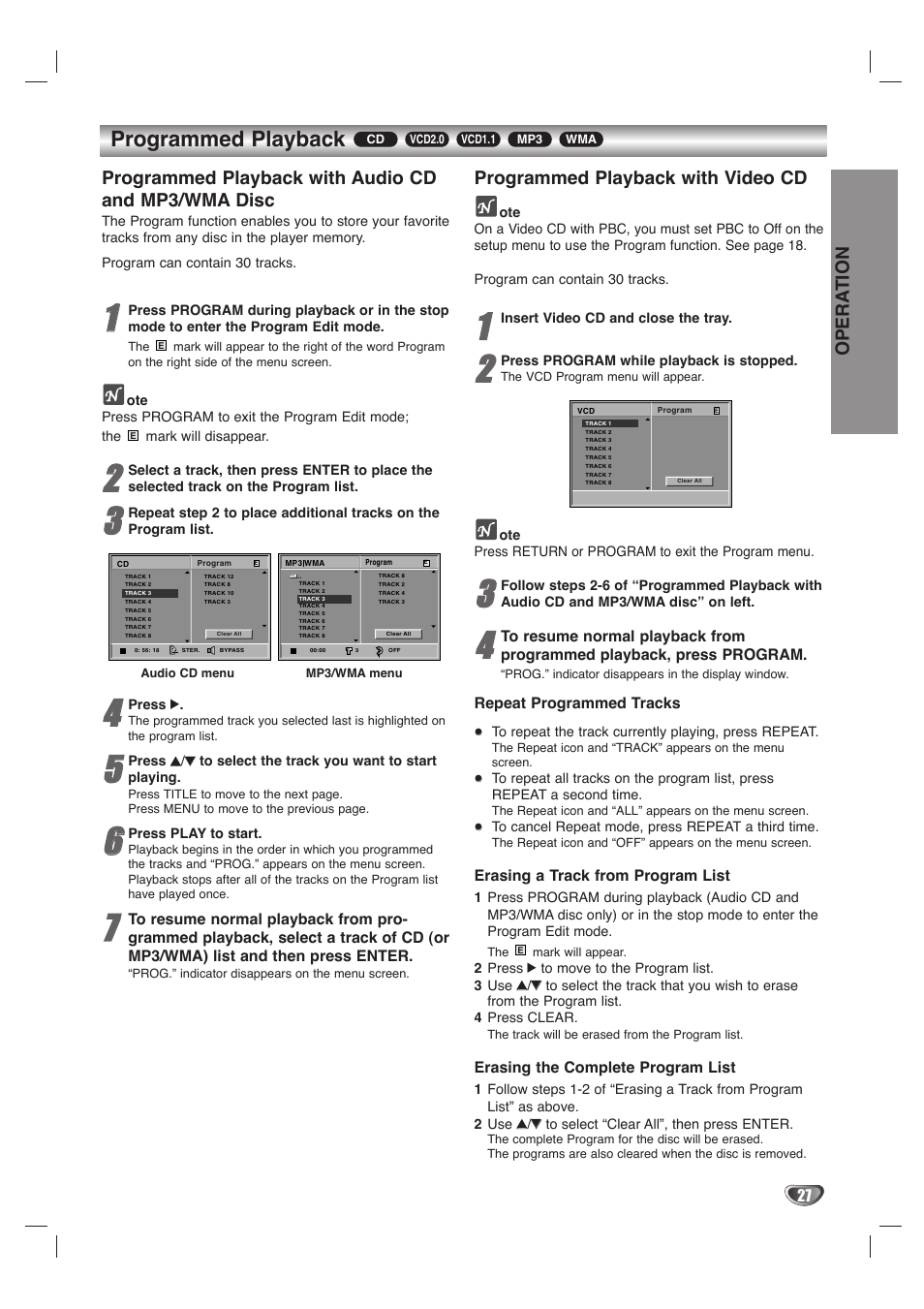 Programmed playback, Opera tion, Programmed playback with audio cd and mp3/wma disc | Programmed playback with video cd | LG LH-T1000 User Manual | Page 27 / 36