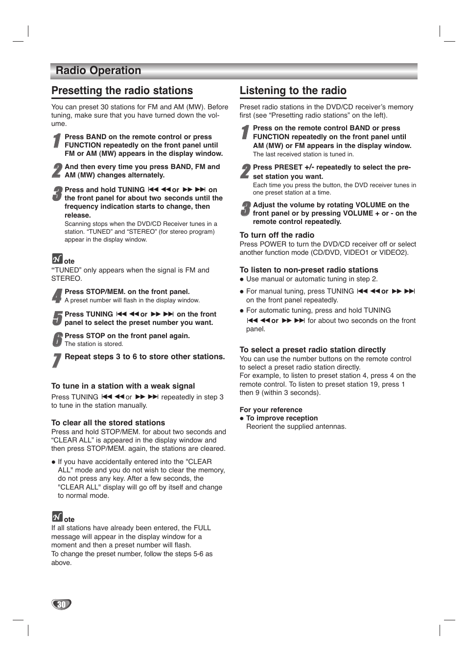 Radio operation presetting the radio stations, Listening to the radio | LG LH-T1000 User Manual | Page 30 / 36