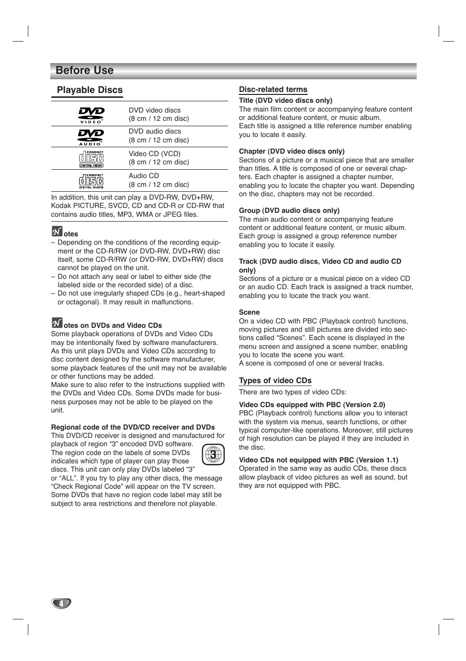 Before use, Playable discs | LG LH-T1000 User Manual | Page 4 / 36