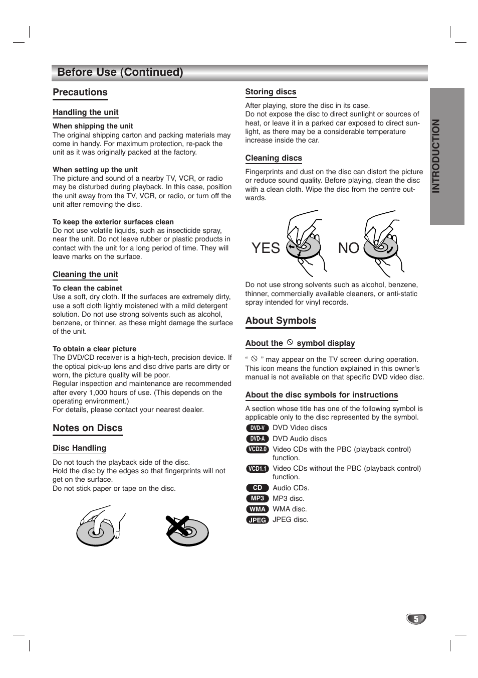 Yes no, Before use (continued), Introduction | Precautions, About symbols | LG LH-T1000 User Manual | Page 5 / 36